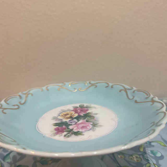 French Vintage French Style Turquoise Porcelain Pedestal Dish With Floral Medallion and Gilt Rim For Sale - Image 3 of 7