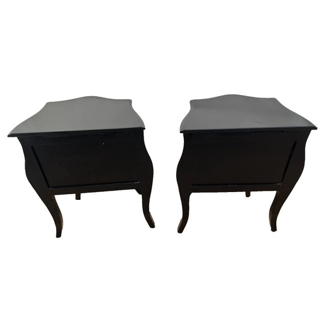 Vintage Pair French Nightstand Tables Two Drawers Black Lacquer Marble, Ormolu For Sale - Image 4 of 12
