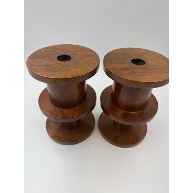 West Elm Pair of West Elm Mid-Century Turned Wood Candlesticks For Sale - Image 4 of 5