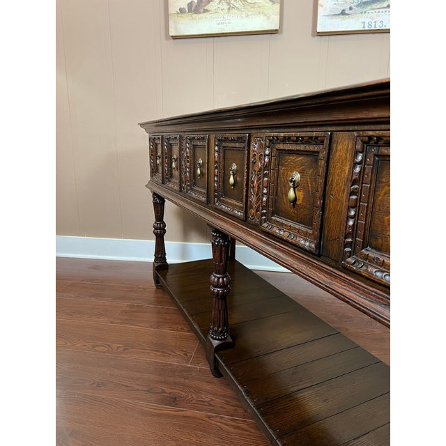 Wood Antique English Dresser Base Sideboard Potboard Jacobean Carved Oak C1890 For Sale - Image 7 of 18