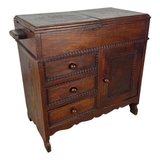 Spanish Oak Sewing Cabinet with Fabric Basket, 20th Century For Sale