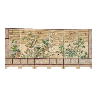 Chinese Export Six Panel Screen Circa 1920s, Hand-Painted Chinoiserie Garden With Birds For Sale