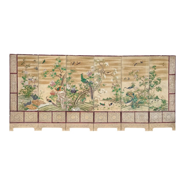 Chinese Export Six Panel Screen Circa 1920s, Hand-Painted Chinoiserie Garden With Birds For Sale