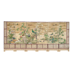 Chinese Export Six Panel Screen Circa 1920s, Hand-Painted Chinoiserie Garden With Birds