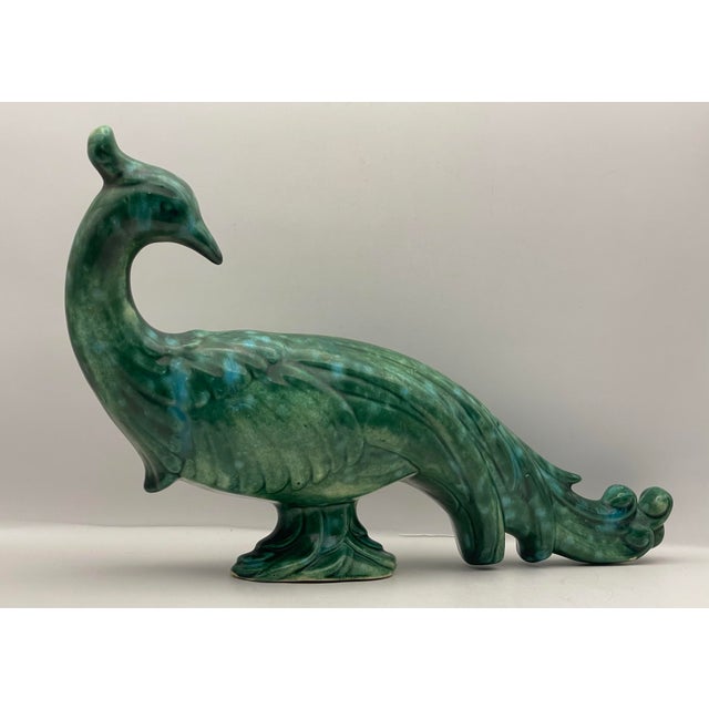 Art Deco 1940’s Dapple Glazed Ceramic Peacock Statue For Sale - Image 3 of 9