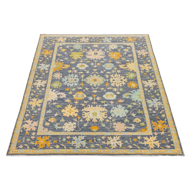 Modern Hand-Knotted Oushak Style Wool Rug in Slate Blue, Ochre & Pastel Accents For Sale - Image 4 of 11