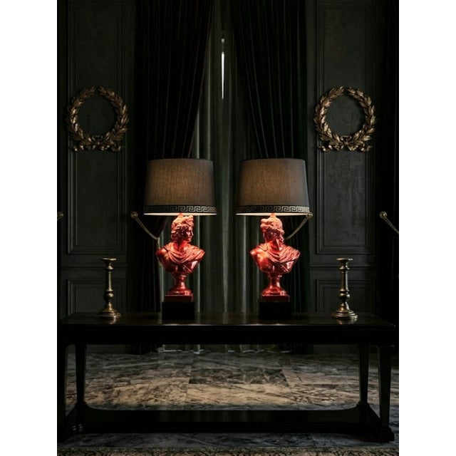 Ceramic 1990s Custom Finished Red, Gold Leaf Greek Goddess Black Shade Greek Key Trim Tall Table Lamps Tony Duquette Style - a Pair For Sale - Image 7 of 15