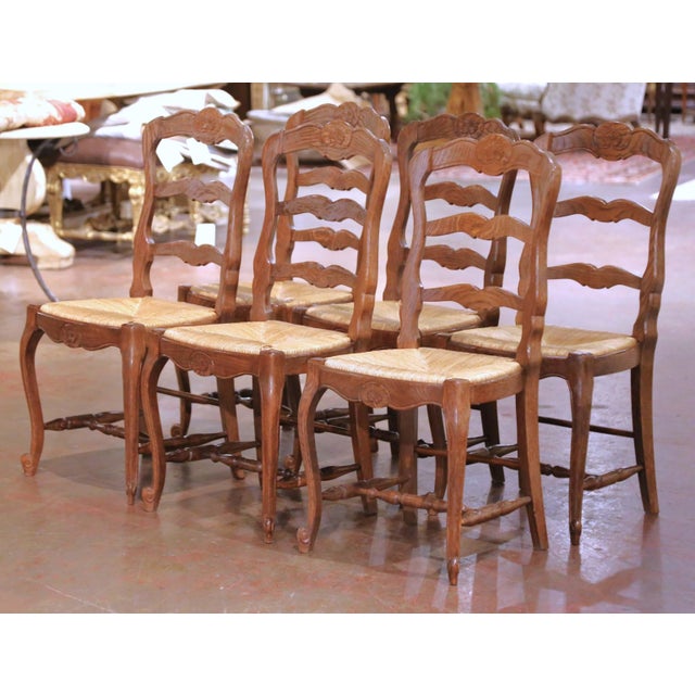 Late 20th Century Set of Six French Ladder Back Oak Dining Chairs With Rush Seat From Normandy For Sale - Image 5 of 14