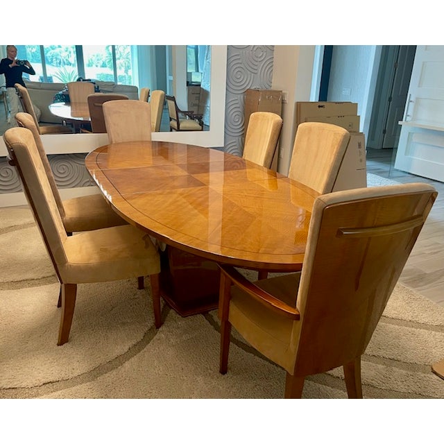 This gorgeous dining table and chairs is a modern 1930's Art Deco style suite, crafted with burl maple and satinwood...