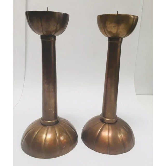 Brass Large Brass Japanese Candlesticks on a Round Scalloped Base and Top For Sale - Image 8 of 13