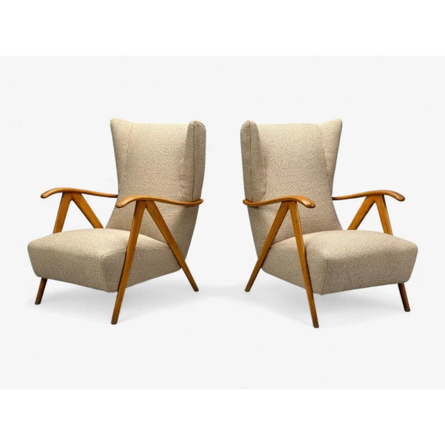 Italian Modern, Beige Boucle, Wood, Sculptural Lounge Chairs, Italy, 1960s For Sale - Image 4 of 12