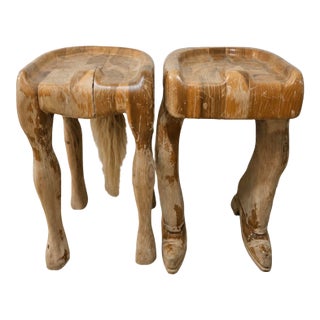 1960s Carved Wood Horse & Rider Stools – Sculptural Butcher Block Pair, One of a Kind For Sale