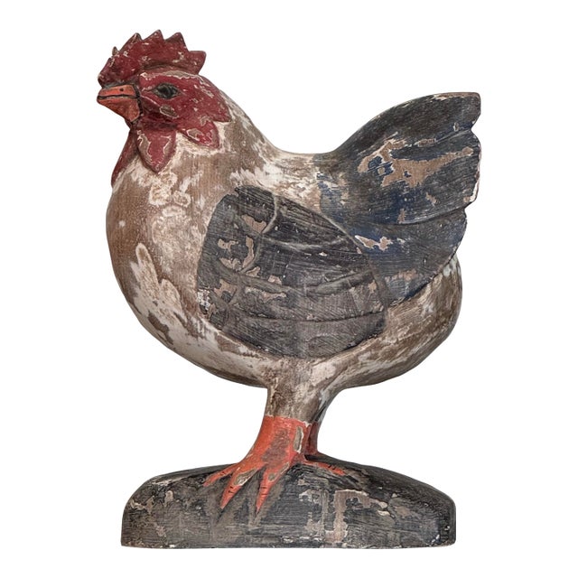 Rustic European Rooster Hand Carved & Painted Wood Figurine For Sale
