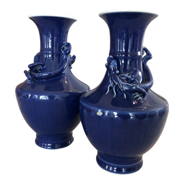 Mid 20th Century Asian Cobalt Vases With Crawling Dragon Detail - a Pair For Sale