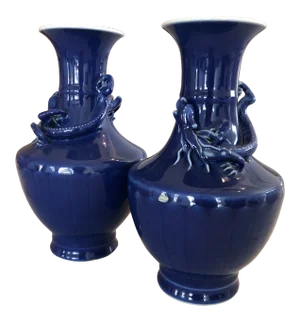 Mid 20th Century Asian Cobalt Vases With Crawling Dragon Detail - a Pair
