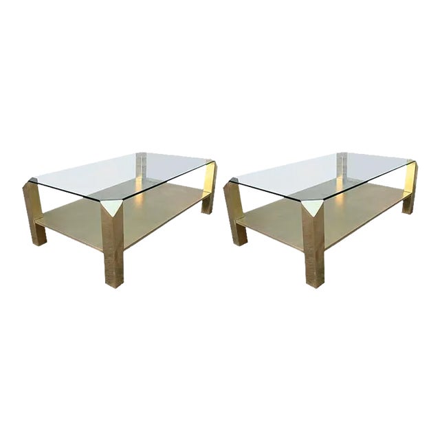 Pair of Custom Rectangular Brass Coffee Tables With Glass Top For Sale