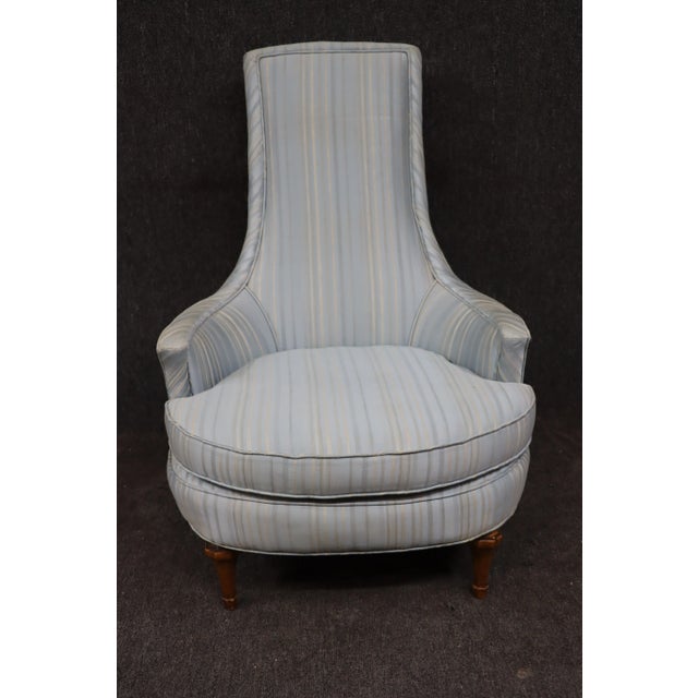 Mid Century pair of light blue and striped upholstered accent chairs with fruitwood feet.