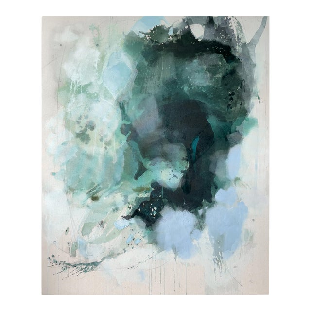 Original Contemporary Abstract Painting in Dark Green, Teal & Soft Blue by American Lyrical Abstractionist Stacey Warnix For Sale