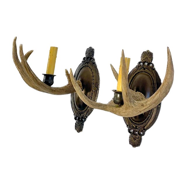 Rustic Vintage Pair of Rustic Antler Sconces For Sale - Image 3 of 12
