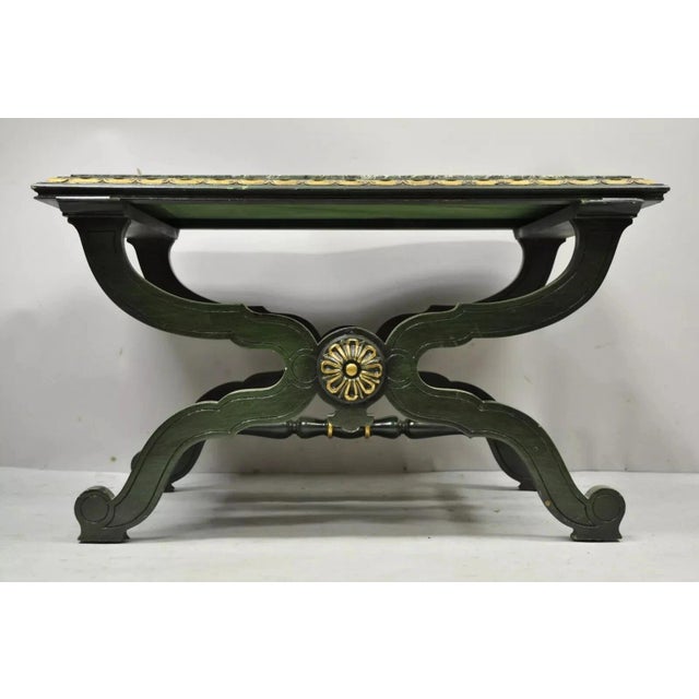 Vintage Hollywood Regency Curule X-Form Dorothy Draper Espana Style Green Marble Top Coffee Table. Circa Mid 20th Century....