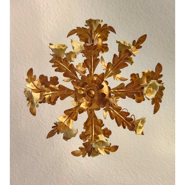 Vintage Gold-Plated and Hand-Forged Florentine Pendant Lamp with Porcelain Roses, 1960s For Sale - Image 9 of 18