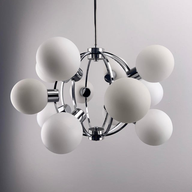 Mid-Century Modern Large Space Age Sputnik Chandelier with 12 Opal Glass Spheres, Germany, 1970s For Sale - Image 3 of 12