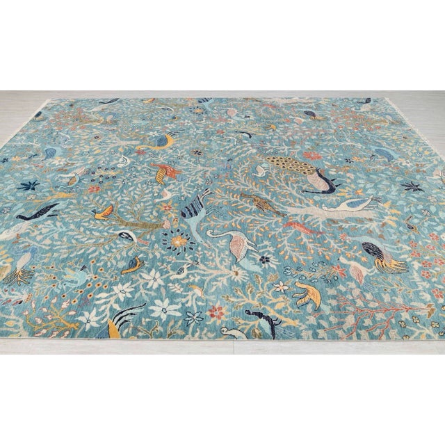 Tribal Blue Peacock Birds Garden Scene Soft Hand Knotted Hand Spun Wool Rug 5x7Ft. For Sale - Image 3 of 18
