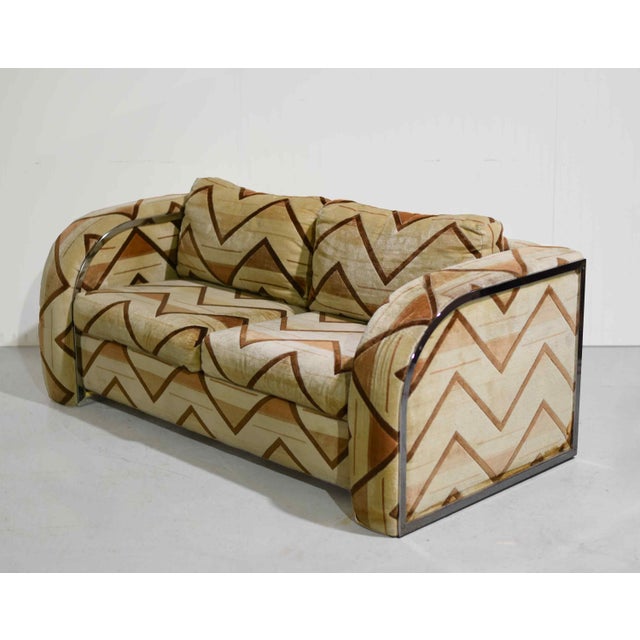 Beige 1970s Chrome Frame Sled Base Loveseat Geometric Chevron Upholstery For Sale - Image 8 of 14