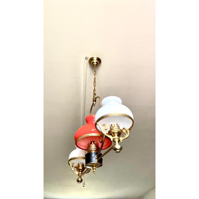 Neoclassical Gilt Chandelier with White and Orange Domes, 1950 For Sale - Image 10 of 13