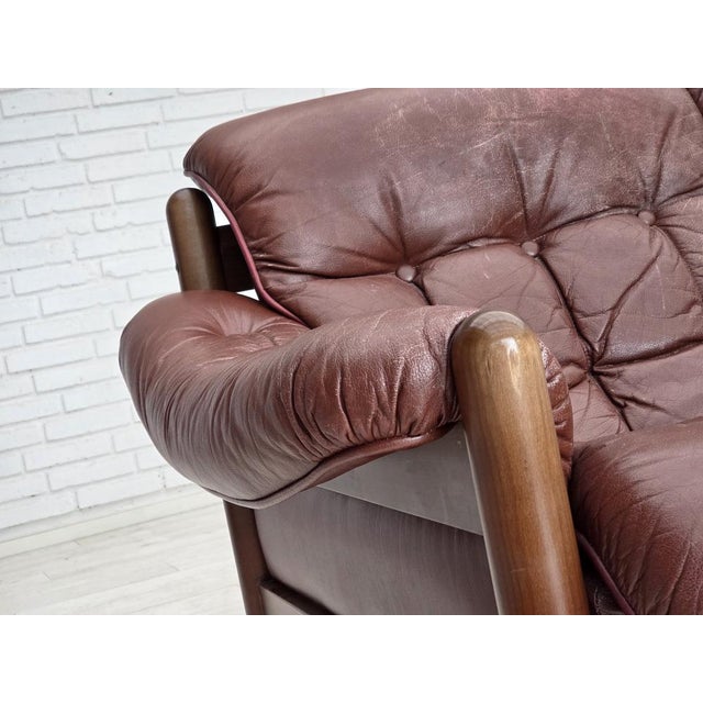 Wood Swedish 2-Seater Sofa in Brown Leather and Dark Beech, 1970s For Sale - Image 7 of 18