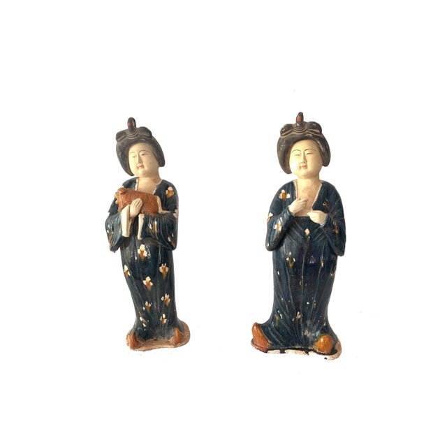 Tang Style Chinese Court Ladies in Blue Dress Ceramic Glazed Terracotta Figurines 24"h For Sale - Image 4 of 8