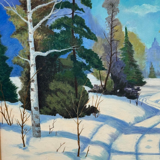 Wood Winter Landscape Oil Painting Signed Audrey Milligan, Snowy Forest Scene For Sale - Image 7 of 12