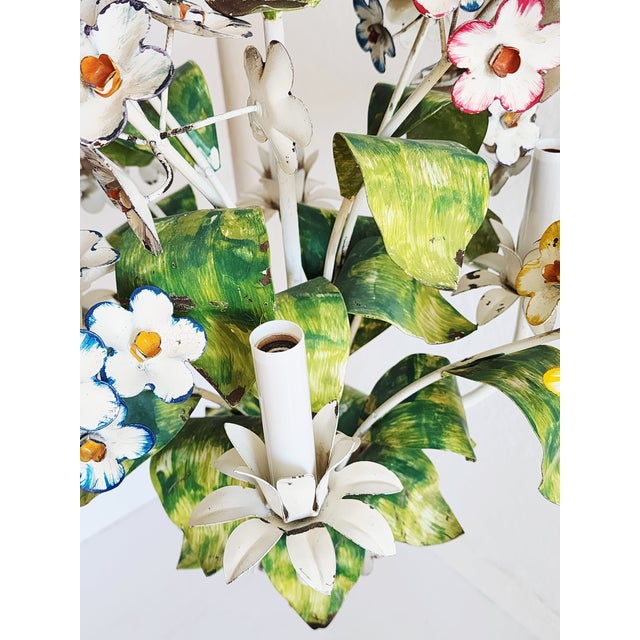 Vintage Italian Handpainted Foral Motif Tole Chandelier For Sale - Image 11 of 18