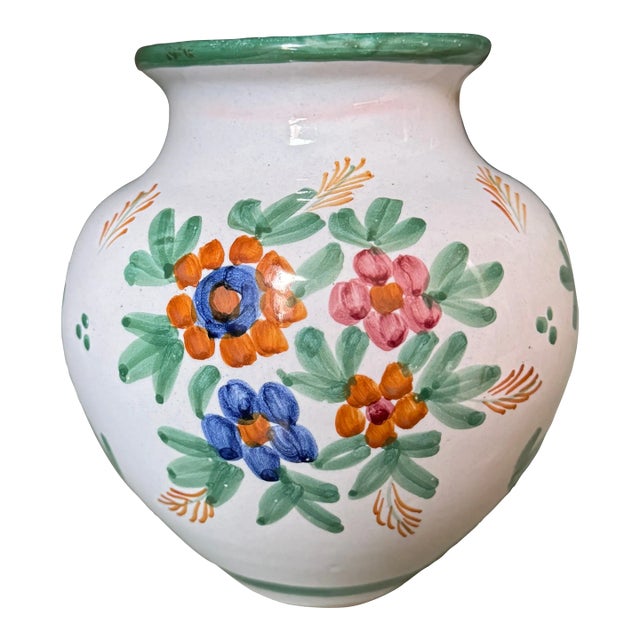 Vintage Hand Painted Floral Terracotta Vase For Sale