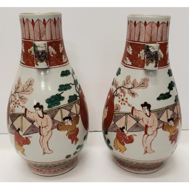 Japanese Air of Circa 1960 Japanese Kutani Style Porcelain Auspicious Motifs Arrow Vases (Showa Period) For Sale - Image 3 of 9
