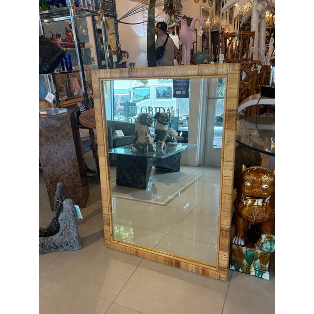 Vintage Mid Century Coastal Palm Beach Italian Wrapped Rattan Woven Wall Mirror For Sale - Image 9 of 10