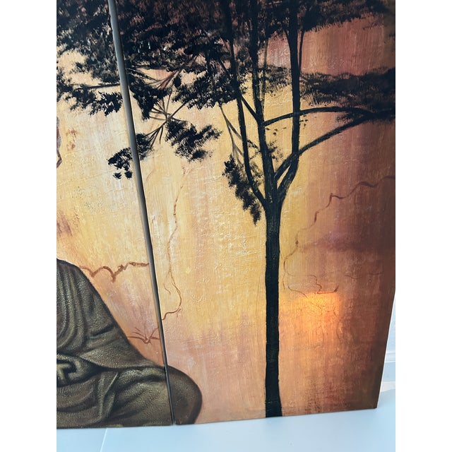 1970s Large Peaceful Sitting Buddha Three Canvas Painting For Sale - Image 5 of 11