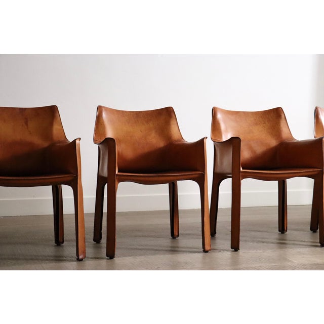 CAB Dining Armchairs with in Cognac Leather by Mario Bellini for Cassina, Italy, 1970s, Set of 6 For Sale - Image 9 of 16