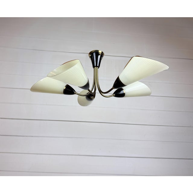 Mid-Century Modern 5-Arm Brass Chandelier with White Glass Cone Shades, 1960s For Sale - Image 9 of 9