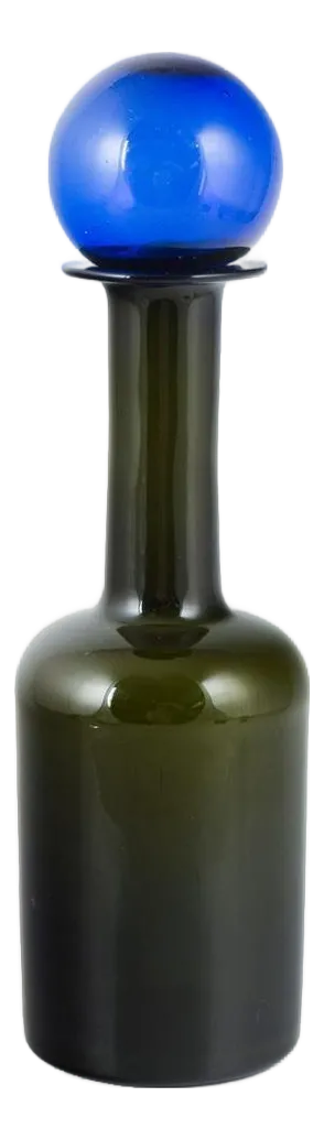 Large Vintage Bottle in Green Art Glass with Blue Ball by Otto Brauer for Holmegaard, 1960s