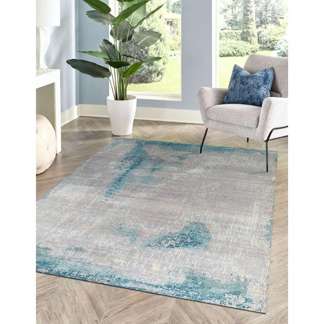 2020s 9x12 Stylish Sumptuous Aqua Abstract Modern Hand Knotted Wool Carpet Rug For Sale - Image 5 of 6