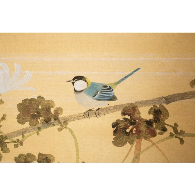 "Tit and Chrysanthemums", Showa Era Japanese Painted Silk Bybu Screen For Sale - Image 14 of 18