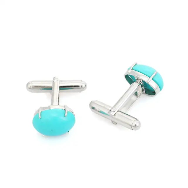 Not Yet Made - Made To Order Bochic 13X10mm Oval Cabochon Turquoise Men’s Cufflinks Set in 925 Silver by Carat&her, A Pair For Sale - Image 5 of 7