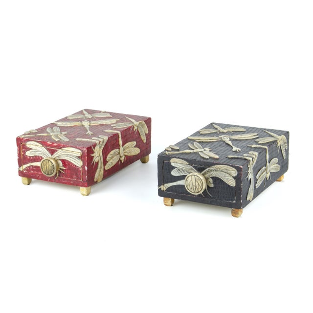 Pair of mid-20th century wood jewelry boxes with carved soapstone dragonflies, Vietnam By: unknown Material: soapstone,...