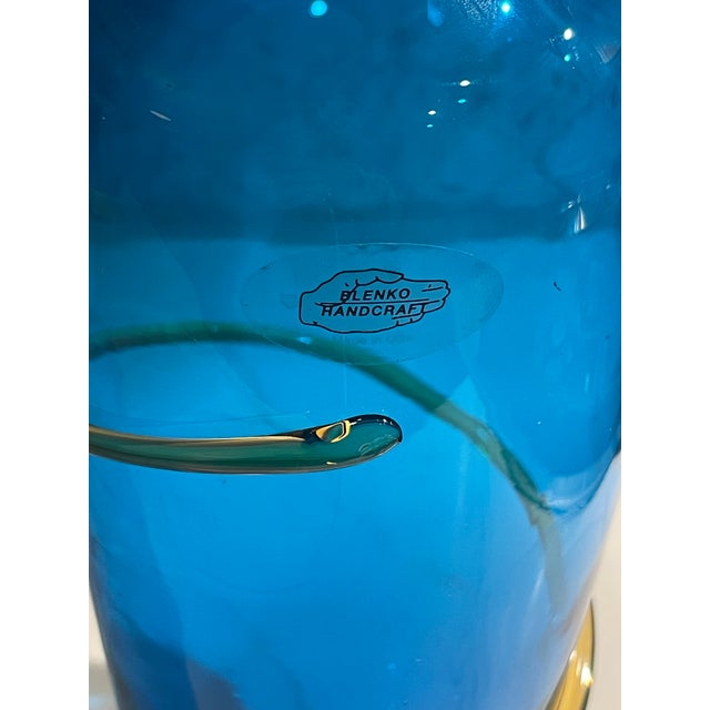 Mid-Century Modern Vintage Blenko Handcraft Cobalt Blue Art Glass Vase With Amber Applied Trail, Usa, 1970s For Sale - Image 3 of 6
