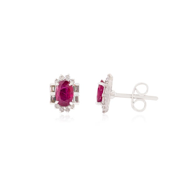 Contemporary Mozambique Oval Ruby Diamond Halo Stud Earrings in 14k White Gold- 2 Pieces For Sale - Image 3 of 11
