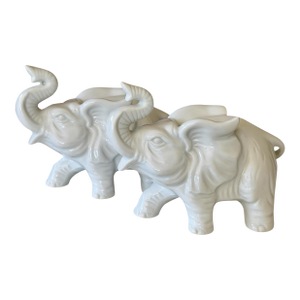 Pair of Vintage Inarco White Glazed Elephant Figurines With Raised Trunks