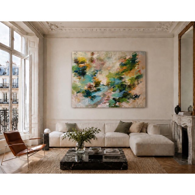 Large Abstract painting "Meanwhile the World Goes On" is a large contemporary abstract landscape that invites peaceful...