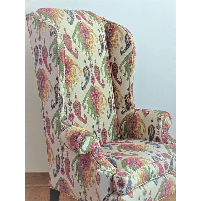 Large Queen Anne Wingback Library Chair Ikat Upholstery Chairish