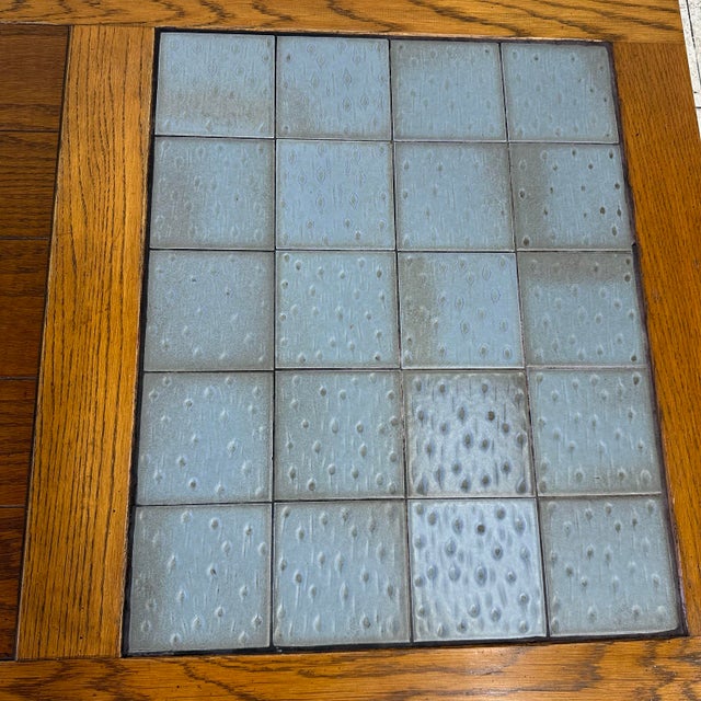 Mid 20th Century Ranch Oak Coffee Table Rectangle With Blue Tile Top For Sale - Image 5 of 11